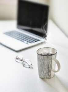 desk, tea cup, coffee cup, tea, coffee, table, laptop, cup, mug, workplace